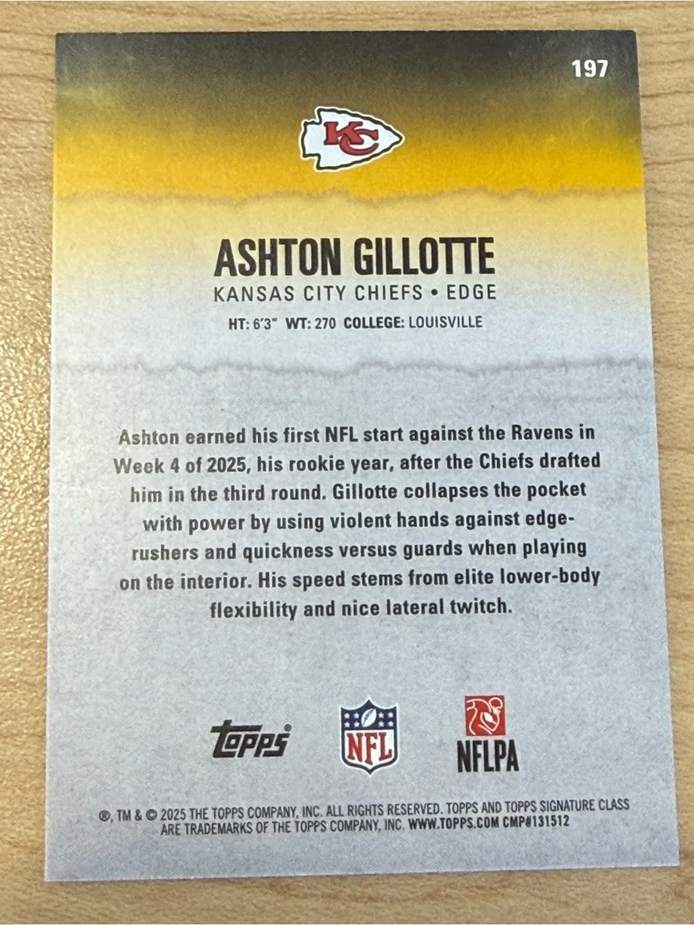 Topps Ashton Gillotte Kansas City Chiefs Card - Yellow/White /175